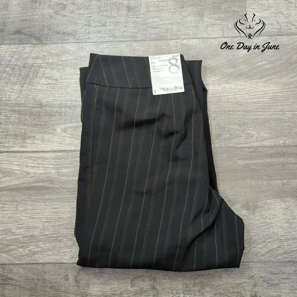 Focus 2000 Classic Fit Pinstripe Pants Black Brown Straight Leg NWT Size 8